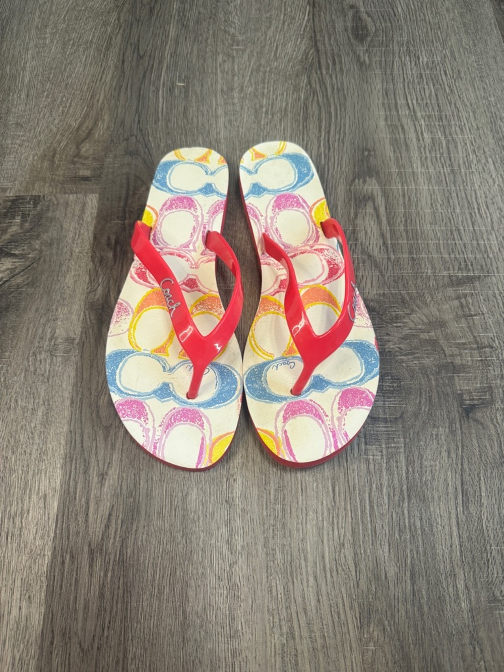 Coach Y2K Red Patent Flip Flop Sandals with Multicolor Print